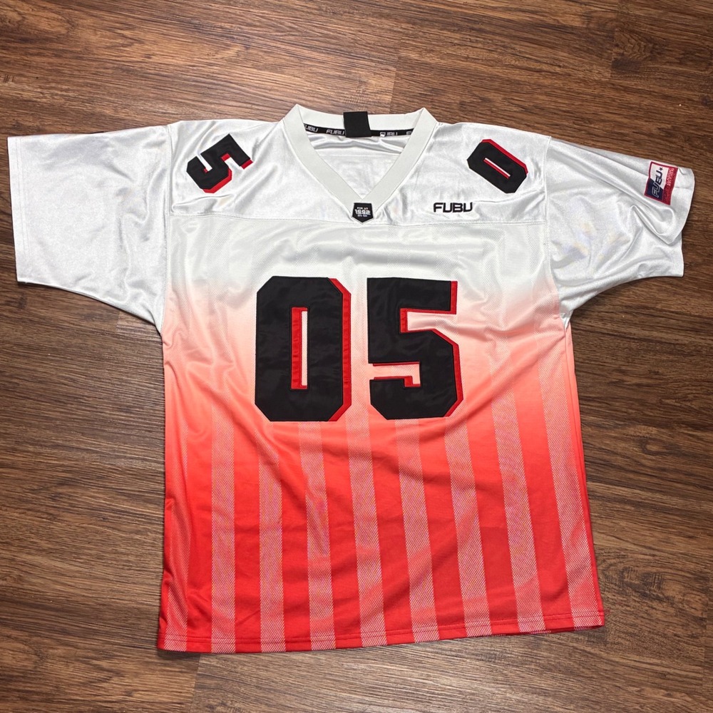 FUBU 05 Football Jersey Men's M Red White Gradient Hip Hop Y2K Style